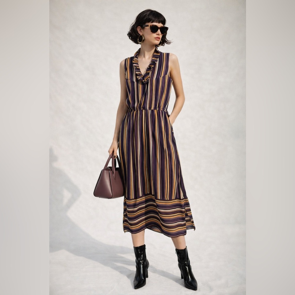 [s] Vintage Handmade Striped Midi Dress Sheer Sleeveless Stretch Waist 70s